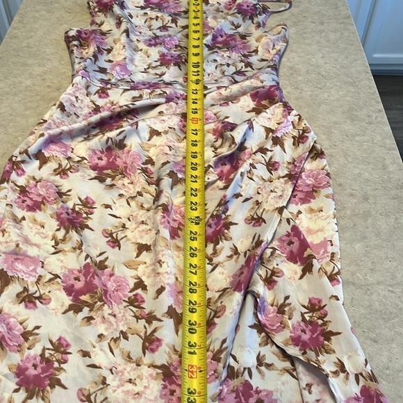 Floral Print Cowl Neck Ruched Spaghetti Strap Satin Slit Party Dress size Med - Picture 16 of 17